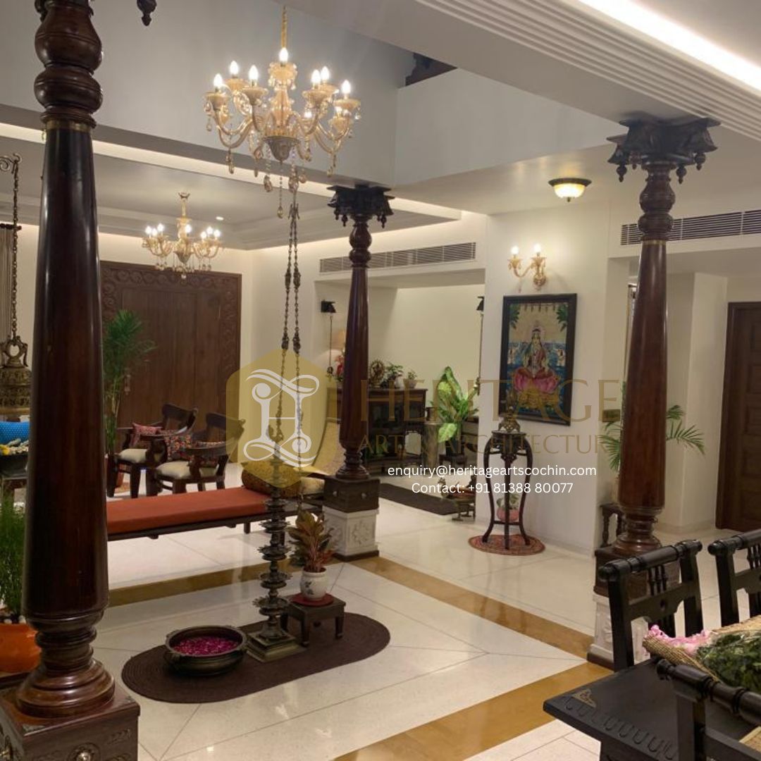 Premium wooden pillars in a luxury interior in Kochi