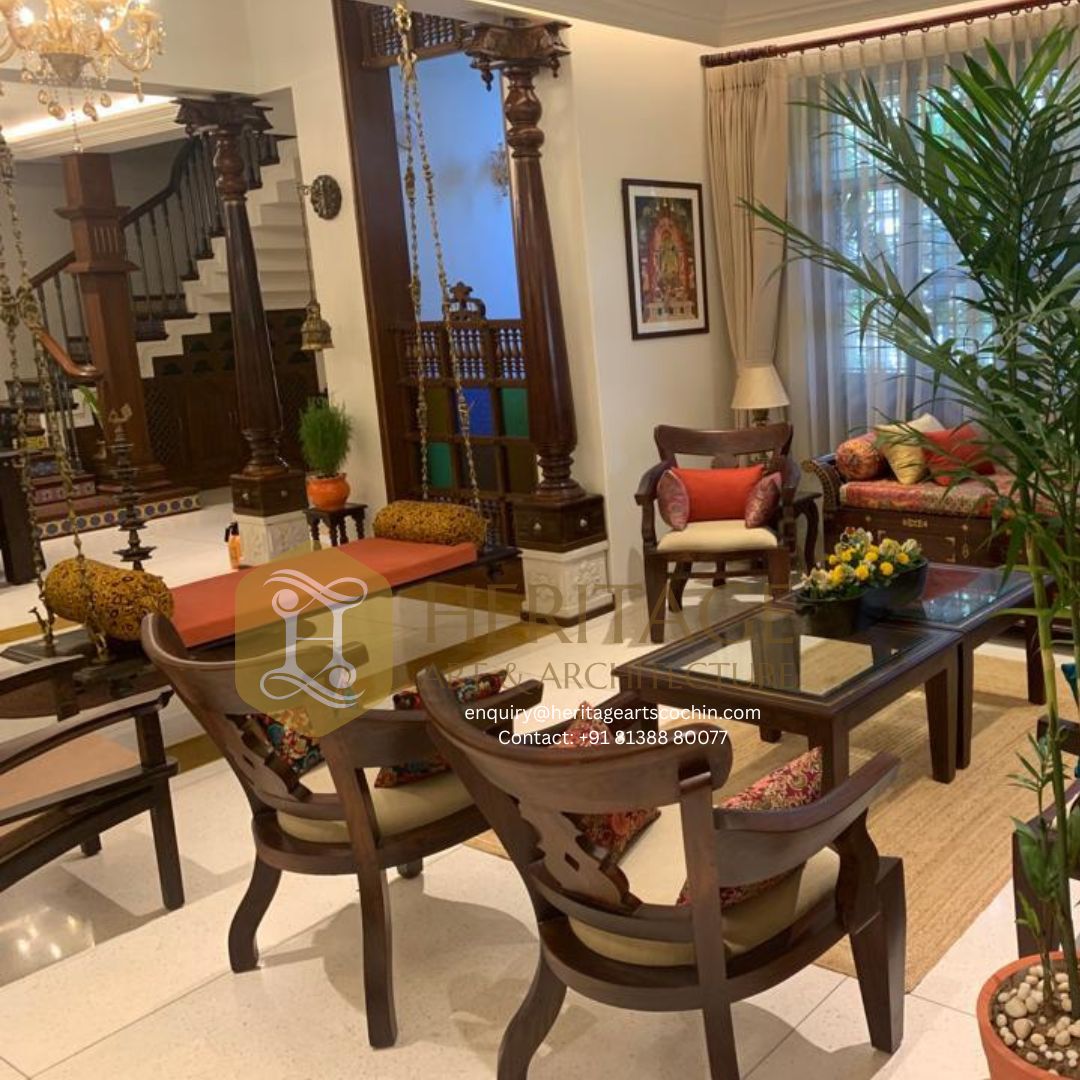 Handcrafted wooden pillar interior in Kerala