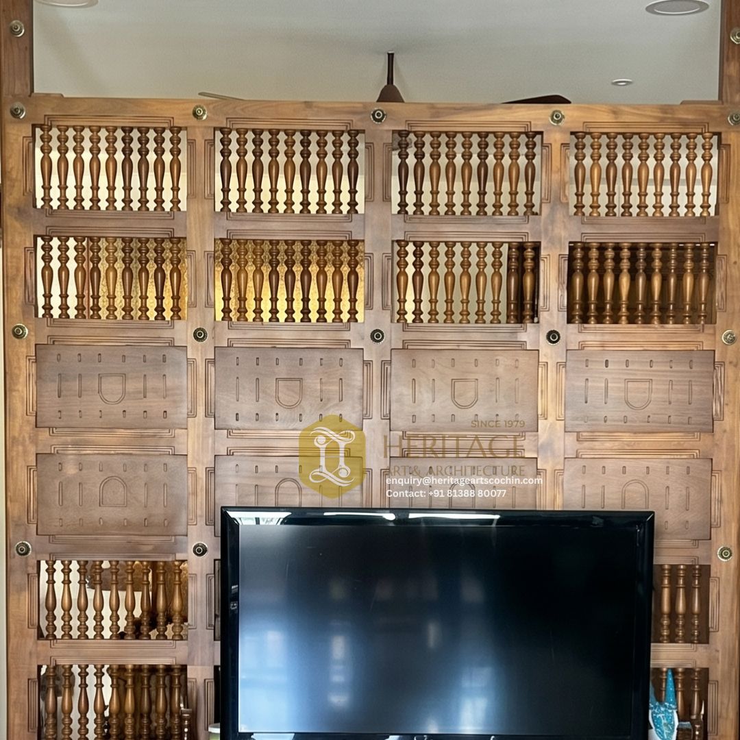 handcrafted kerala-style wooden TV unit in kochi