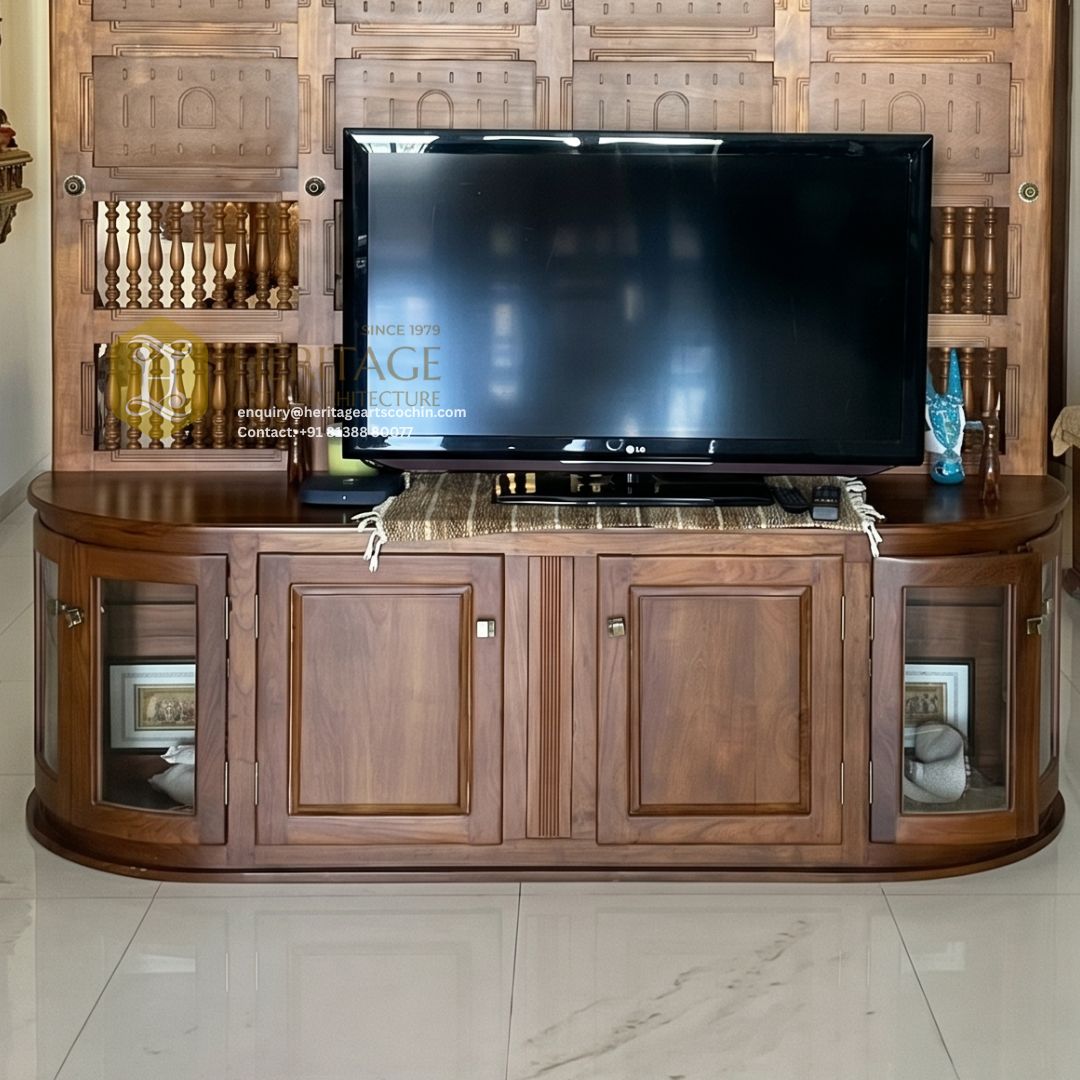 traditional wooden tv unit cabinet in kerala