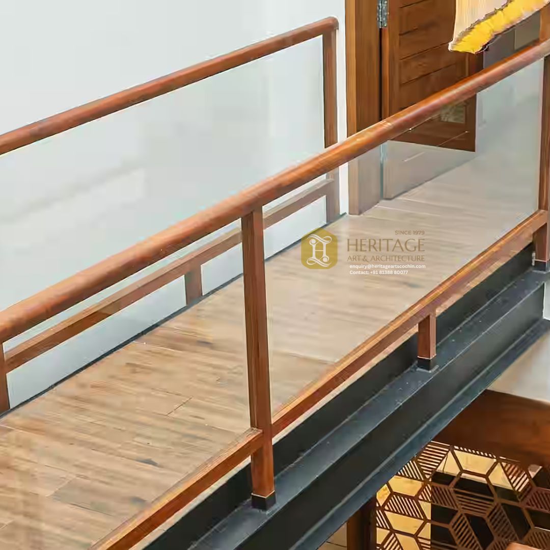 hardwood and glass railing design kerala